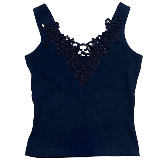 Y2K 90s Black Lace Silk Stretchy Tank Top With‎ Intricate Lace Front Design - Picture 1 of 7